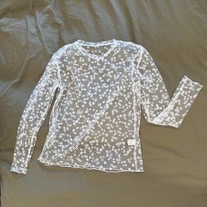White Mesh Long Sleeve with White Velvet Flowers